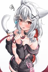 Rule 34 | 1girl, absurdres, animal ears, bare shoulders, blush, breasts, cat ears, cat girl, cat tail, collar, collarbone, cowboy shot, fish hair ornament, hair ornament, hairclip, highres, holding, jacket, leash, long hair, long sleeves, looking at viewer, medium breasts, motion lines, nail polish, naked jacket, navel, nekoya minamo, no bra, off shoulder, open clothes, open jacket, open mouth, original, pink ribbon, purple nails, red eyes, ribbon, simple background, solo, squiggle, tail, white background, white hair, x hair ornament