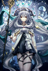 Rule 34 | 1girl, arknights, black dress, black gloves, black ribbon, bracelet, commentary, cowboy shot, dress, gloves, grey hair, hair between eyes, headdress, highres, holding, holding staff, indoors, jewelry, leg ribbon, long hair, looking at viewer, official alternate costume, red eyes, ribbon, senakira, short dress, short sleeves, skadi (arknights), skadi the corrupting heart (arknights), skadi the corrupting heart (sublimation) (arknights), solo, staff, standing, very long hair, white dress