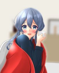 Rule 34 | 1girl, :d, blanket, blue eyes, blue hair, blue sweater, blush, chair, commentary request, cup, gotland (kancolle), highres, holding, holding cup, kantai collection, long hair, looking at viewer, looking to the side, mole, mole under eye, open mouth, sitting, smile, solo, sweater, toyomi 13