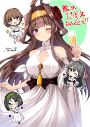 Rule 34 | 4girls, absurdres, ahoge, anniversary, black hair, breasts, brown hair, champagne flute, chibi, chibi inset, cleavage, cleavage cutout, clothing cutout, cup, double bun, dress, drinking glass, glasses, gold hairband, green hairband, hair bun, hairband, haruna (kancolle), headgear, hiei (kancolle), highres, himura moritaka, kantai collection, kirishima (kancolle), kongou (kancolle), large breasts, long hair, multiple girls, official alternate costume, one eye closed, purple eyes, red eyes, solo focus, white dress