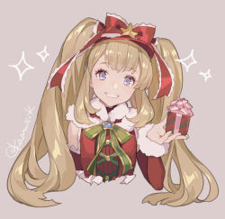 Rule 34 | 1girl, alternate costume, arm up, artist name, blonde hair, blunt bangs, bow, cagliostro (granblue fantasy), christmas, commentary request, cropped torso, dress, fur-trimmed dress, fur-trimmed sleeves, fur trim, gift, granblue fantasy, green bow, grin, head tilt, holding, holding gift, large bow, long hair, looking at viewer, off-shoulder dress, off shoulder, official alternate costume, pota (bluegutty), purple hair, sidelocks, signature, smile, solo, sparkle, twintails, twitter username