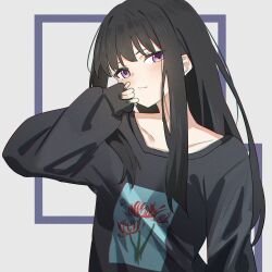 Rule 34 | 1girl, absurdres, anime oekaki13, arm up, black hair, black nails, black sweater, blush, chromatic aberration, closed mouth, collarbone, commentary, floral print, flower, highres, inoue takina, long hair, long sleeves, looking at viewer, lycoris recoil, nail polish, purple eyes, sidelocks, solo, spider lily, sweater, upper body, white background