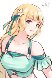 Rule 34 | 1girl, absurdres, artist name, bare shoulders, bikini, blonde hair, breasts, chinese commentary, cleavage, collarbone, commentary request, da-cart, fire emblem, fire emblem: three houses, fire emblem heroes, flower, green bikini, green eyes, green ribbon, hair flower, hair ornament, hair ribbon, highres, ingrid brandl galatea, long hair, medium breasts, nintendo, off-shoulder bikini, off shoulder, parted lips, ribbon, signature, simple background, solo, swimsuit, upper body, white background, white flower
