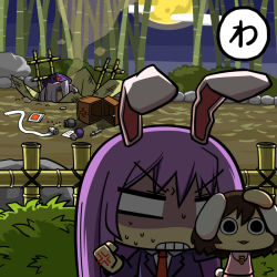 Rule 34 | 3girls, anger vein, angry, animal ears, bamboo, bamboo forest, bandages, black hair, blazer, bottle, box, bush, carrot, clenched hand, cloud, collared shirt, cross, dress, fence, forest, full moon, hand on another&#039;s head, hat, inaba tewi, jacket, long hair, maguro (mawaru sushi), medicine, moon, multiple girls, nature, necktie, night, night sky, o o, paper, pill, pink dress, prank, purple hair, rabbit ears, red cross, red eyes, reisen udongein inaba, shirt, short hair, sky, spilling, sweat, syringe, teeth, touhou, white shirt, yagokoro eirin