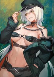 Rule 34 | 1girl, abstract background, bare shoulders, belt, bikini, black bikini, black headwear, black nails, black shorts, breasts, chain, collar, cowboy shot, fate/grand order, fate (series), fur-trimmed jacket, fur trim, green jacket, hand on headwear, hand up, highres, jacket, jeanne d&#039;arc (fate), jeanne d&#039;arc alter (avenger) (fate), jeanne d&#039;arc alter (fate), lack, large breasts, long hair, long sleeves, looking at viewer, nail polish, navel, o-ring, o-ring bikini, off shoulder, open clothes, open jacket, parted lips, shorts, silver hair, smile, solo, stomach, swimsuit, underboob, very long hair, yellow eyes