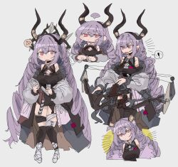 Rule 34 | !, ..., 1girl, :o, arknights, black horns, black shirt, black thighhighs, blush, bow (weapon), breasts, closed mouth, compound bow, dot mouth, fake horns, garter straps, grey background, hair between eyes, highres, holding, holding bow (weapon), holding weapon, horns, jacket, knees together feet apart, large breasts, long hair, long sleeves, looking at viewer, multiple views, odmised, off shoulder, open clothes, open jacket, open mouth, pink eyes, purple hair, shirt, sidelocks, simple background, single thighhigh, sleeveless, sleeveless shirt, spoken ellipsis, spoken exclamation mark, thighhighs, thighs, typhon (arknights), very long hair, weapon, white jacket