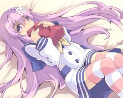 Rule 34 | 10s, 1girl, bed, blush, covering own mouth, d-pad, hair ornament, highres, long hair, looking at viewer, lying, nepgear, neptune (series), normaland, purple eyes, purple hair, solo, striped clothes, striped thighhighs, thighhighs
