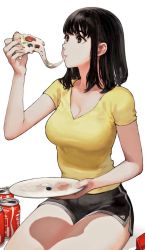 Rule 34 | 1girl, black hair, brown eyes, can, drink can, eating, food, highres, holding, jun (navigavi), medium hair, original, pizza, pizza slice, plate, simple background, soda can, solo, white background