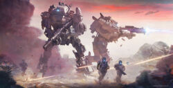 Rule 34 | 5boys, aircraft, commentary, concept art, english commentary, firing, gun, helicopter, helmet, highres, holding, holding gun, holding weapon, looking to the side, mecha, mike garn, multiple boys, robot, running, science fiction, shell casing, soldier, titan (titanfall), titanfall, titanfall (series), weapon