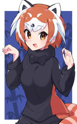 Rule 34 | 1girl, animal ears, bad id, bad pixiv id, bamboo, black bow, black bowtie, black collar, black shirt, blouse, bow, bowtie, claw pose, collar, commentary, fur collar, gloves, highres, kemono friends, kemono friends 2, lesser panda (kemono friends), long sleeves, looking at viewer, multicolored hair, open mouth, orange eyes, orange hair, outside border, red panda ears, red panda tail, shirt, short hair, smile, solo, striped tail, tail, takom, white hair
