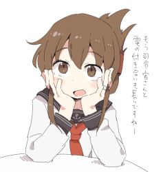 Rule 34 | 1girl, anchor symbol, blue sailor collar, blush, brown eyes, brown hair, dokan (dkn), elbows on table, hair between eyes, hair ornament, hands on own face, inazuma (kancolle), jewelry, kantai collection, looking at viewer, open mouth, red neckwear, ring, sailor collar, school uniform, serafuku, shirt, short hair, simple background, solo, table, translation request, upper body, white background