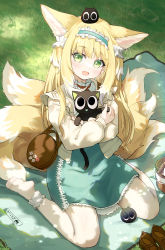 Rule 34 | 1girl, :d, absurdres, animal, animal ears, arknights, blonde hair, blue hairband, blush, cardigan, cat, dress, extra ears, flower, fox ears, fox girl, fox tail, frilled dress, frilled hairband, frills, grass, green dress, green eyes, hair down, hairband, highres, holding, holding animal, holding cat, kitsune, lily of the valley, long hair, long sleeves, looking at viewer, luo xiaohei, multiple tails, open cardigan, open clothes, open mouth, outdoors, pantyhose, picnic, red ribbon, ribbon, sitting, smile, solo, suzuran (arknights), suzuran (spring praise) (arknights), tail, luo xiaohei zhanji, wariza, white cardigan, zayur