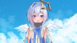 Rule 34 | 1girl, :d, amane kanata, black shirt, blue bow, blue hair, blue sky, blush, bow, clapping, cloud, feathered wings, frilled sleeves, frills, grey jacket, hair between eyes, hands up, high collar, highres, hololive, jacket, long sleeves, looking at viewer, meme, mini wings, multicolored hair, neon genesis evangelion, omedetou! (meme), open mouth, parody, plaid, purple eyes, shirt, silver hair, sky, smile, solo, two-tone hair, upper body, virtual youtuber, white wings, wide sleeves, wings, yoshiheihe