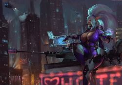 Rule 34 | 1girl, arm guards, armor, assault rifle, augmented reality, big hair, billboard, blue eyes, bodysuit, breasts, building, city, cityscape, cleavage, commission, curvy, cutesexyrobutts, cyberpunk, fantasy, fingerless gloves, gloves, gun, heads-up display, high ponytail, highres, hologram, holographic interface, holographic touchscreen, huge breasts, knee pads, knife, knife sheath, knife sheath, lights, long hair, mask, microphone, mouth mask, mutant, neon lights, night, night sky, ninja mask, open bodysuit, open clothes, original, pointy ears, ponytail, purple bodysuit, red light district, rifle, science fiction, sheath, shoulder pads, sidelocks, sitting, sky, skyscraper, sniper rifle, spacecraft, strap, tan, thick thighs, thighs, vehicle, very long hair, weapon, white hair, wide hips