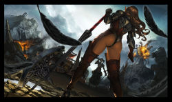 Rule 34 | 1girl, armor, ass, axe, back, battlefield, boots, border, brown hair, castle, chainmail, cloud, dutch angle, elf, explosion, fantasy earth zero, feathers, fire, from behind, from below, greaves, grin, highres, horns, kanda (ura-kanda), legs, long hair, original, outdoors, planted, pointy ears, ruins, shoulder armor, sky, smile, smoke, pauldrons, standing, warrior, weapon