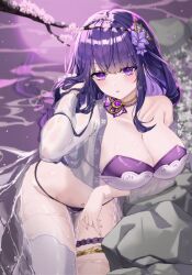 Rule 34 | 1girl, bad id, bad twitter id, bare shoulders, bikini, breasts, choker, cleavage, collarbone, crop top, genshin impact, hair ornament, hand up, highres, holding, holding hair, large breasts, leaning forward, long hair, long sleeves, looking at viewer, navel, off shoulder, open clothes, open shirt, purple bikini, purple choker, purple eyes, purple hair, raiden shogun, see-through, single thighhigh, solo, strapless, strapless bikini, string bikini, swimsuit, thigh strap, thighhighs, thighs, ueng, very long hair, water, wet, white thighhighs