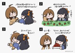 Rule 34 | &gt; &lt;, 2girls, ^ ^, ahoge, arm up, assault lily, black hair, black necktie, blue shirt, bow, brown cardigan, brown hair, bush, cardigan, cheek pull, chibi, closed eyes, closed mouth, collared shirt, comic, commentary, eighth note, facing another, flower, food, fruit, grey background, hair bow, hair bun, hair ornament, half updo, hand grab, hand on own head, hands up, headphones, headphones around neck, highres, holding, holding plate, kabayaki (kabayaki eel), kawamura yuzuriha, long hair, long sleeves, looking at another, multiple girls, musical note, necktie, no mouth, odaiba girls high school uniform, one eye covered, open cardigan, open clothes, open mouth, orange bow, outstretched arm, plate, profile, school uniform, shirt, short hair, simple background, single hair bun, smile, solid oval eyes, spoken musical note, strawberry, sweatdrop, translated, trembling, tsukioka momiji, twitter username, white flower, white shirt, x hair ornament