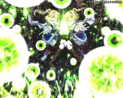 Rule 34 | &gt;:), 2girls, arm warmers, black footwear, blonde hair, blue skirt, braid, breasts, clone, commentary, danmaku, french braid, glowing, glowing eyes, green eyes, half updo, highres, jacket, knee up, kneehighs, layered clothes, light particles, loafers, looking at viewer, looking to the side, mizuhashi parsee, multicolored clothes, multicolored jacket, multiple girls, open mouth, outstretched arm, pointy ears, reaching, reaching towards viewer, redrawn, scarf, shirt, shoes, short hair, short ponytail, skirt, small breasts, smile, socks, sparkle, spell card, sunnysideup, touhou, v-shaped eyebrows, white scarf