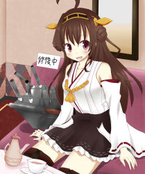 Rule 34 | 10s, 1girl, bare shoulders, black thighhighs, blush, boots, brown hair, cannon, detached sleeves, double bun, hachimi, hair bun, hair ornament, hairband, headgear, highres, japanese clothes, kantai collection, kongou (kancolle), long hair, miko, personification, pleated skirt, skirt, smile, solo, thigh boots, thighhighs, translated, turret, zettai ryouiki
