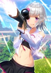 Rule 34 | 1girl, aiming, commentary, day, detached sleeves, firing, grass, gun, highres, holding, holding gun, holding weapon, midriff, mikomiko (mikomikosu), moemi &amp; yomemi channel, outdoors, purple eyes, rifle, silver hair, sky, sniper rifle, solo, tongue, tongue out, tree, virtual youtuber, weapon, yomemi