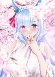 Rule 34 | 1girl, absurdres, animal ears, blue hair, blush, bow, braid, cherry blossoms, closed mouth, clothing cutout, commentary, crown braid, ear ornament, ear ribbon, flower, hand up, highres, holding, holding flower, horse ears, horse girl, long hair, looking at viewer, mejiro ardan (umamusume), outdoors, purple eyes, shoulder cutout, solo, symbol-only commentary, taku (312nismo1), umamusume, upper body