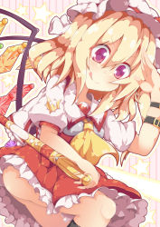 Rule 34 | 1girl, ascot, ass, blonde hair, dress, flandre scarlet, hat, kan lee, licking lips, mob cap, puffy short sleeves, puffy sleeves, red dress, red eyes, short sleeves, smile, solo, star (symbol), striped, striped background, sword, tongue, tongue out, touhou, upskirt, weapon, wings