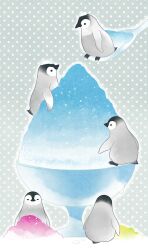 Rule 34 | animal focus, asatsuki tori, bird, closed eyes, food, ice cream cup, no humans, original, outline, penguin, polka dot, polka dot background, shaved ice, solid circle eyes, spoon, white outline