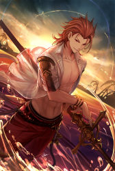 Rule 34 | 10s, 1boy, abs, armor, belt, bracelet, closed mouth, cloud, coat, dutch angle, fighting stance, granblue fantasy, highres, jewelry, lens flare, male focus, navel, open clothes, open coat, outdoors, palm tree, pectorals, percival (granblue fantasy), percival (summer) (granblue fantasy), ready to draw, red eyes, red hair, red shorts, see-through, short sleeves, shorts, signature, sky, solo, standing, stomach, sword, tenyo0819, tree, wading, water, weapon, wet