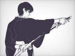 Rule 34 | 1boy, arm behind back, arm guards, closed eyes, closed mouth, collared shirt, facing to the side, from behind, hakama, holding, holding sword, holding weapon, japanese clothes, katana, kimono, long sleeves, male focus, monochrome, okurase, outstretched arm, profile, rurouni kenshin, seta soujirou, sheath, shirt, short hair, simple background, smile, solo, sword, unsheathing, upper body, weapon, wide sleeves