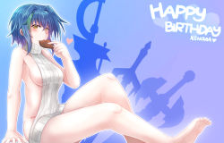 Rule 34 | 10s, 1girl, arkfield, armpits, backless dress, backless outfit, bare arms, bare legs, bare shoulders, barefoot, blue hair, blush, breasts, candy, chocolate, chocolate heart, dress, food, food in mouth, from side, green hair, groin, happy birthday, heart, high school dxd, looking at viewer, looking to the side, medium breasts, meme attire, multicolored hair, short hair, sideboob, smile, solo, streaked hair, sweater vest, two-tone hair, virgin killer sweater, xenovia quarta, yellow eyes