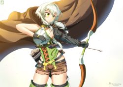Rule 34 | 10s, 1girl, arrow (projectile), artist name, asymmetrical sleeves, bad id, bad pixiv id, black gloves, blush, boots, bow, bow (weapon), breasts, chinchongcha, cloak, closed mouth, collarbone, commentary, cowboy shot, elf, gloves, goblin slayer!, green eyes, green hair, high elf archer (goblin slayer!), highres, holding, holding weapon, hood, hooded cloak, long hair, looking to the side, pointy ears, quiver, short shorts, shorts, sidelocks, simple background, sleeveless, small breasts, smile, solo, thigh boots, thighhighs, uneven sleeves, v-shaped eyebrows, weapon