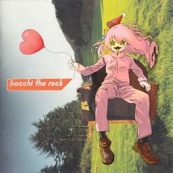 Rule 34 | album cover redraw, balloon, blue sky, bocchi the rock!, brown footwear, commentary, cube hair ornament, day, derivative work, english commentary, gotoh hitori, hair ornament, hat, heart balloon, highres, jacket, long hair, long sleeves, open mouth, oukkurun, outdoors, pants, party hat, photo background, pink hair, pink jacket, pink pants, shoes, sideways, sky, star-shaped eyewear, star (symbol), sunglasses, the pillows, track jacket, track pants, tree