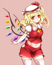 Rule 34 | 1girl, :o, ascot, blonde hair, breasts, bright pupils, contrapposto, cowboy shot, crystal, flandre scarlet, groin, hair between eyes, hat, hat ribbon, highres, hip vent, looking at viewer, medium breasts, medium hair, midriff, mob cap, navel, one side up, petticoat, pink background, puffy short sleeves, puffy sleeves, raptor7, red eyes, red ribbon, red skirt, red vest, ribbon, short sleeves, simple background, skirt, solo, thighhighs, touhou, vest, wavy hair, white hat, white thighhighs, wings, yellow ascot