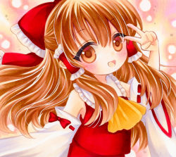 Rule 34 | 1girl, :d, ascot, bow, brown eyes, brown hair, detached sleeves, frilled bow, frilled shirt collar, frills, hair between eyes, hair bow, hakurei reimu, head tilt, highres, long hair, looking at viewer, marker (medium), open mouth, red bow, red ribbon, red shirt, ribbon, ribbon-trimmed sleeves, ribbon trim, shirt, simple background, sleeveless, sleeveless shirt, smile, solo, touhou, traditional media, upper body, v, wide sleeves, yellow ascot, yuuki hana (jtnp5334)