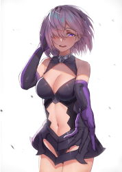 Rule 34 | 1girl, absurdres, bad id, bad pixiv id, bare shoulders, black gloves, breasts, cleavage, commentary request, fate/grand order, fate (series), gloves, hair over one eye, highres, jmao, large breasts, light purple hair, looking at viewer, mash kyrielight, navel, open mouth, purple eyes, purple gloves, purple hair, short hair, simple background, smile, solo, white background