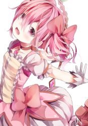 Rule 34 | 10s, 1girl, bad id, bad pixiv id, blush, bow, breasts, bubble skirt, choker, collarbone, dress, eyebrows, frilled dress, frills, gloves, hair between eyes, hair bow, hair ornament, jewelry, kaname madoka, long hair, looking at viewer, magical girl, mahou shoujo madoka magica, mahou shoujo madoka magica (anime), open mouth, opopowa, pink eyes, pink hair, red footwear, ribbon choker, shoes, short sleeves, short twintails, simple background, skirt, solo, spread fingers, twintails, white background, white gloves