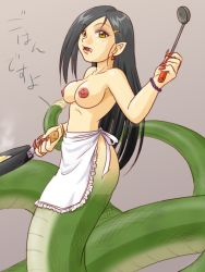 Rule 34 | 1girl, apron, breasts, cooking, earrings, fangs, female focus, fingernails, grey background, jewelry, lamia, long fingernails, long hair, monster girl, nail, naked apron, nipples, pointy ears, purple bonus, scales, sharp fingernails, simple background, solo, topfreedom, topless, translation request
