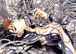 Rule 34 | 1girl, between breasts, black hair, breasts, brown hair, cable, clamp, cleavage, covered erect nipples, glasses, grey eyes, large breasts, lying, machine, marker (medium), nipples, official art, open clothes, short hair, solo, torn clothes, traditional media, tube, unzipped, veins, wire, x/1999, x (manga), yatouji satsuki