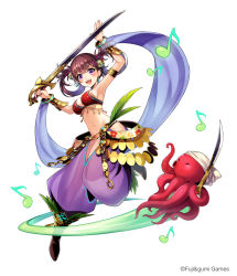 Rule 34 | 1girl, armlet, arms up, bell, bracer, copyright notice, dancer (sekaiju), etrian odyssey, full body, hair bell, hair ornament, harem outfit, harem pants, holding, holding sword, holding weapon, long hair, looking at viewer, musical note, octopus, official art, open mouth, pants, purple eyes, red hair, simple background, solo, sword, weapon, white background