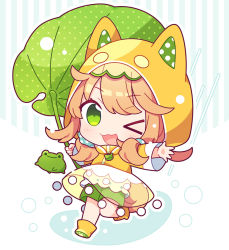 Rule 34 | &gt; o, 1girl, :3, :d, animal hood, blush, boots, cat hood, chibi, dress, frog, green eyes, hand up, holding, holding leaf, holding umbrella, hood, koguma105, leaf, leaf umbrella, long sleeves, looking at viewer, one eye closed, open mouth, orange hair, original, outstretched arm, paw print soles, polka dot, polka dot scrunchie, rain, raincoat, rubber boots, running, scrunchie, see-through, see-through dress, shorts, shorts under skirt, smile, solo, standing, standing on one leg, striped, striped background, twintails, umbrella