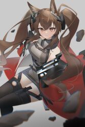 Rule 34 | 1girl, afaalphaxd, angelina (arknights), angelina (endfield) (arknights), animal ears, arknights, arknights: endfield, belt, black gloves, black thighhighs, blush, breasts, brown hair, chinese commentary, chromatic aberration, coat, commentary request, debris, dot nose, dress, earpiece, film grain, fox ears, fox girl, gloves, grey background, grey dress, hair intakes, high belt, highres, invisible chair, large breasts, long hair, looking at viewer, open clothes, open coat, orange eyes, red coat, sidelocks, sitting, smile, solo, teeth, thighhighs, twintails