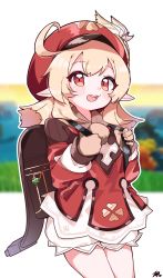 Rule 34 | 1girl, :d, ahoge, backpack, bag, blonde hair, blurry, blurry background, brown gloves, cabbie hat, child, commentary, depth of field, dress, genshin impact, gloves, hands up, hat, highres, holding strap, klee (genshin impact), long hair, long sleeves, low twintails, open mouth, pointy ears, puffy long sleeves, puffy sleeves, red dress, red eyes, red hat, signature, smile, solo, teeth, tosyeo, twintails, upper teeth only