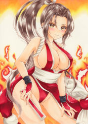 Rule 34 | 1girl, absurdres, blush, breasts, brown eyes, brown hair, cleavage, covered erect nipples, fatal fury, female focus, fire, gluteal fold, hand fan, highres, holding, holding fan, large breasts, long hair, looking at viewer, matching hair/eyes, ninja, ponytail, revealing clothes, shiranui mai, sideboob, smile, solo, standing, thighs