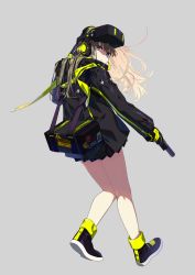 Rule 34 | 1girl, bad id, bad pixiv id, black footwear, black gloves, black jacket, black skirt, blinky (pac-man), blonde hair, blue eyes, boots, commentary request, df=6, from behind, full body, gloves, glowing, grey background, gun, hair between eyes, handgun, head-mounted display, headphones, highres, holding, holding gun, holding weapon, jacket, long hair, long sleeves, looking at viewer, looking back, miniskirt, original, pac-man, pac-man (game), parted lips, pistol, pleated skirt, revision, shoe soles, sign, simple background, skirt, solo, warning sign, weapon