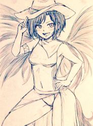 Rule 34 | 1girl, bandana, breasts, commentary request, competition swimsuit, covered navel, cowboy hat, cowboy shot, d-m (dii emu), eyelashes, feathered wings, finger gun, greyscale, hand on own hip, hat, kurokoma saki, long hair, looking at viewer, monochrome, one-piece swimsuit, pegasus wings, sarong, small breasts, swimsuit, touhou, traditional media, wings