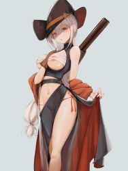 Rule 34 | 1girl, alternate costume, arknights, bandages, bare shoulders, black dress, black headwear, breastless clothes, breasts, chest sarashi, commentary request, dress, eyyy, feet out of frame, grey background, hair between eyes, has bad revision, has cropped revision, highres, large breasts, long hair, looking at viewer, low-tied long hair, md5 mismatch, medium breasts, navel, orange eyes, panties, parted lips, resolution mismatch, sarashi, side-tie panties, side slit, silver hair, simple background, skadi (arknights), sleeveless, sleeveless dress, solo, source smaller, standing, stomach, underwear, very long hair