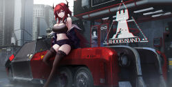 Rule 34 | 1girl, arknights, bare shoulders, black footwear, black jacket, black thighhighs, breasts, building, camisole, city, cleavage, commentary, crop top, eternity (shadeh), foot out of frame, hair intakes, highres, horns, jacket, large breasts, long hair, long sleeves, looking at viewer, midriff, navel, off shoulder, open clothes, open jacket, outdoors, purple eyes, red hair, rhine lab logo, rhodes island logo (arknights), sitting, solo, stomach, surtr (arknights), thigh strap, thighhighs, thighs, vehicle focus, very long hair