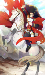 Rule 34 | 1boy, beard, blue eyes, brown hair, cape, cloud, cloudy sky, commentary request, epaulettes, facial hair, fate/grand order, fate (series), hat, highres, horse, horseback riding, large hat, long sideburns, long sleeves, looking at viewer, male focus, military, military uniform, napoleon bonaparte (fate), napoleon crossing the alps, neo kabocha, pants, riding, sash, sideburns, sky, smile, solo, uniform