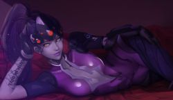 Rule 34 | 1girl, arm at side, arm support, arm tattoo, asboothig, bodysuit, breasts, collarbone, colored skin, cowboy shot, head-mounted display, highres, light smile, lips, long hair, looking at viewer, lying, medium breasts, nose, on side, overwatch, overwatch 1, pink bodysuit, ponytail, purple hair, purple lips, purple skin, short sleeves, solo, tattoo, visor, widowmaker (overwatch), yellow eyes