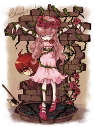 Rule 34 | 1boy, 1girl, axe, bad id, bad pixiv id, brick wall, dress, flower, kiris, original, outstretched arms, pink hair, plant, restrained, rose, spread arms, vines, weapon
